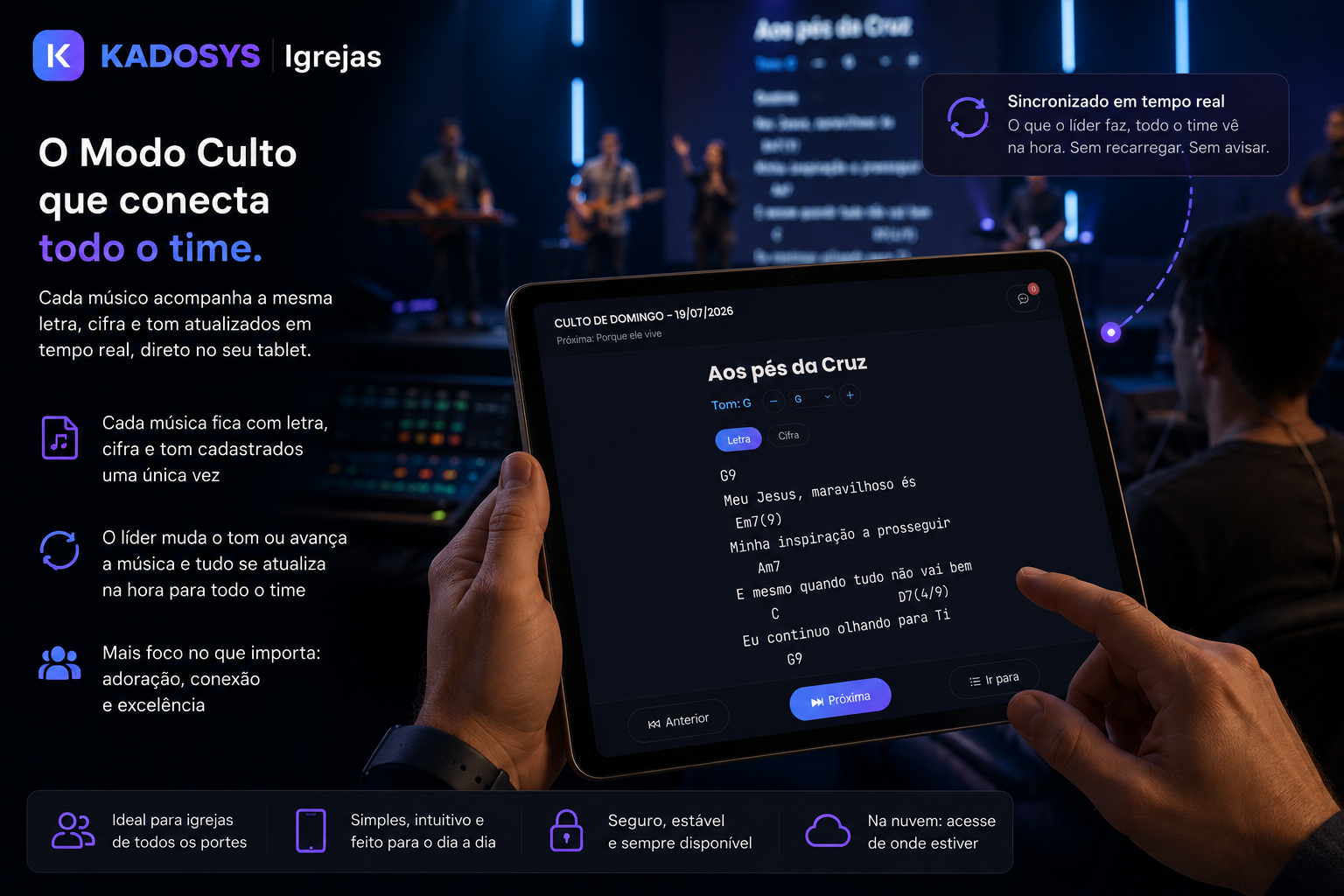 Modo Culto mostrando a cifra e o tom da música ao vivo