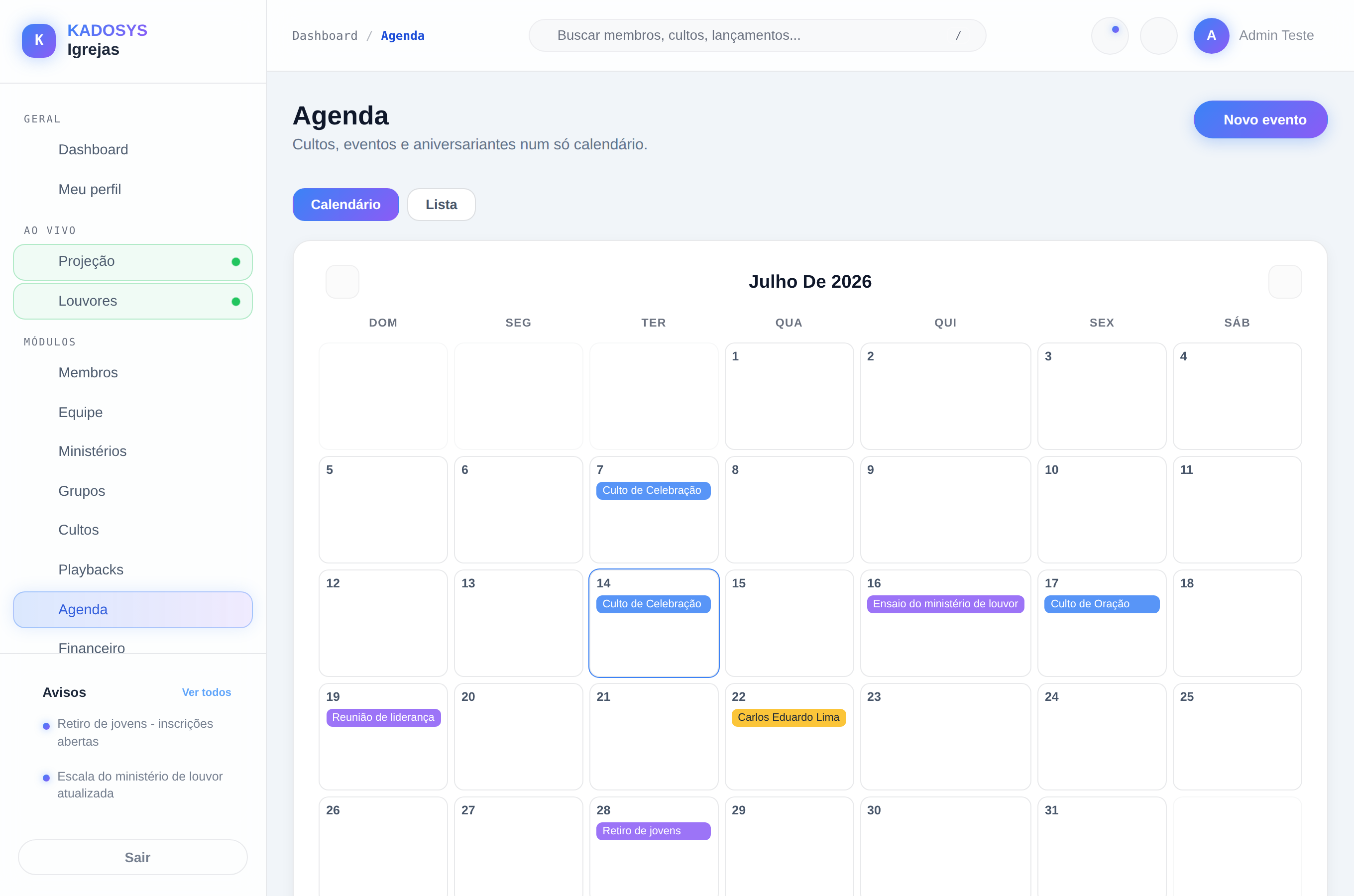Calendário da Agenda com cultos e eventos