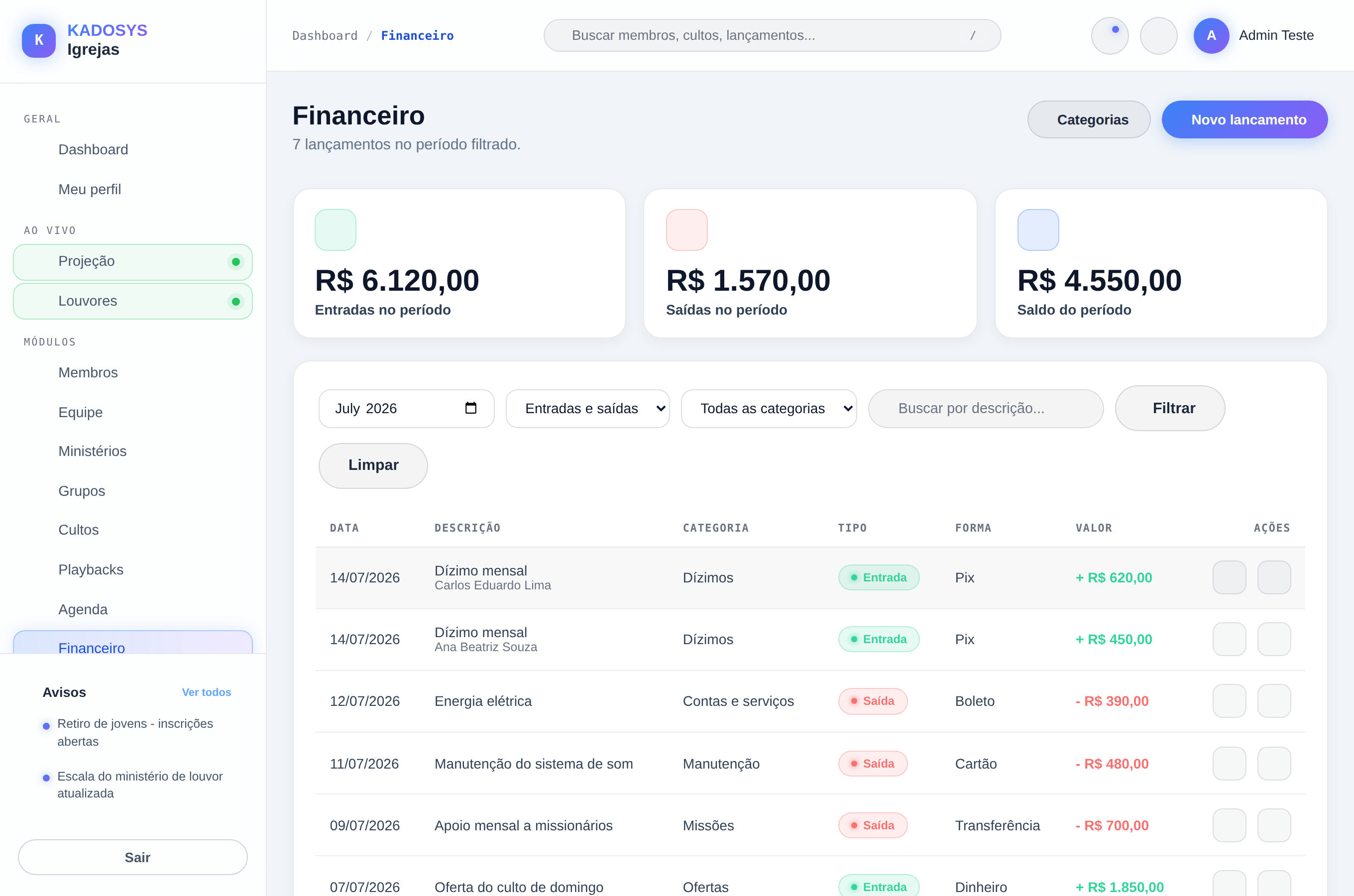 Painel financeiro com lançamentos de entradas e saídas